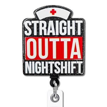 Imagem de YAZMEEN Carretel de crachá retrátil de enfermeira com clipe jacaré direto para o turno da noite, porta-crachá de crachá de identificação engraçado preto com glitter, presente para DSP turno diurno noturno, enfermeira, médico, equipe médica