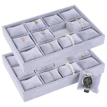 Imagem de mekueeex 2 peças de bandeja de relógio de veludo, organizador de joias, 12 grades, empilhável, pulseira de relógio, suporte de exibição de pulseira, travesseiro ajustável
