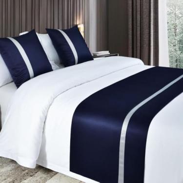 Imagem de Cachecol de corredor de cama de hotel, sedoso, macio, proteção para a pele, cor sólida, toalha de cama moderna, simples, decoração de cama de luxo para os pés da cama - azul escuro||solteiro/solteiro
