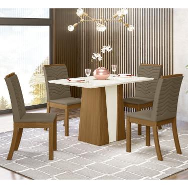 Imagem de Conjunto Sala De Jantar Tampo Mdf Canto Reto 120 Cm 04 Cadeiras Dulce Henn Nature Com Off White E Bege