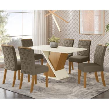 Imagem de Conjunto Sala De Jantar Tampo Mdf Canto Reto Com Vidro 160 Cm 06 Cadeiras Indy Henn Nature Com Off White E Bege