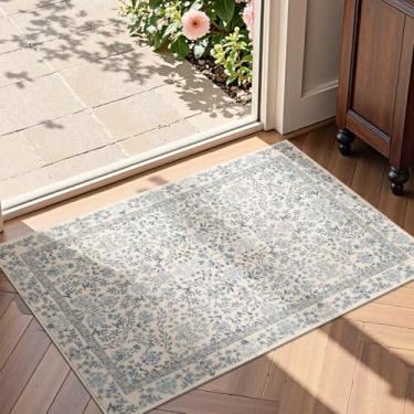 Imagem de jinchan Tapete floral 2x3 para entrada lavável tapete de cozinha antiderrapante tapete pequeno macio tapete de porta interior tapete botânico para entrada da porta da frente banheiro azul/creme