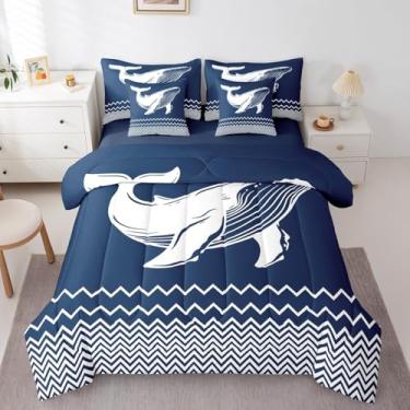 Imagem de jejeloiu Jogo de cama solteiro com estampa de animais subaquáticos com estampa de animais subaquáticos e oceano, verão, lençol com edredom, lençóis, fronhas e capa de almofada