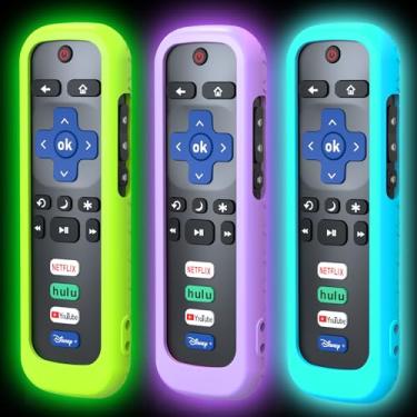 Imagem de Pacote com 3 capas de controle remoto para Roku, capa de bateria para controle remoto TCL Roku Smart TV, controle remoto Roku TV, capa protetora de silicone, capa universal, brilho no escuro, verde, roxo, azul