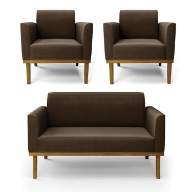 Imagem de Sofá Namoradeira Com 2 Poltronas Base De Madeira Fixa Castanho Marisa Suede D03 - D?rossi Cor Marrom