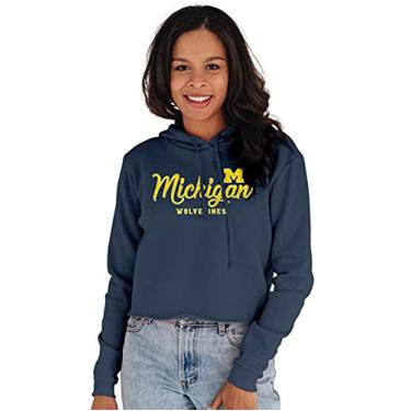 Imagem de NCAA Michigan Wolverines Moletom feminino vintage cropped com capuz, Michigan Wolverines azul-marinho, pequeno