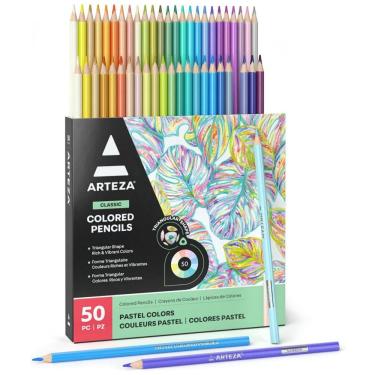 Imagem de Lápis de Cor Arteza em Tons Pastel, Conjunto com 50 Lápis de Colorir, Empunhadura Triangular, Lápis de Cor Pastel Pré-Afiados