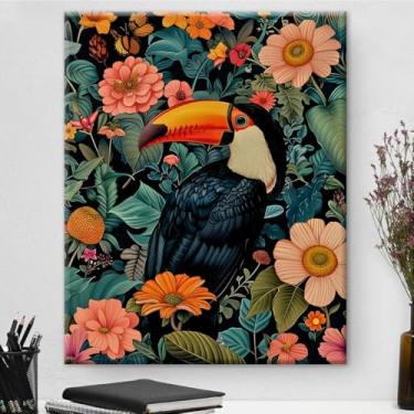 Imagem de Arte de parede em tela vintage tucano floral tucano colorido impressão imagem estética pássaro arte pintura para casa fazenda sala de estar decoração de parede 20 x 25 centímetros