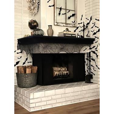 Imagem de 3 peças de capa de lareira de Halloween, toalha de mesa de teia de aranha de renda preta, decoração assustadora para porta de mesa de lareira, decorações reutilizáveis de Halloween