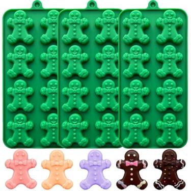Imagem de Pacote com 3 moldes de chocolate para homem de gengibre, 8 cavidades, moldes de doces de silicone de Natal para assar 3D Gingerbread Man Soap Candle Ice Cube Holiday Baking Moldes para biscoitos