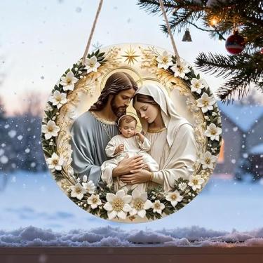 Imagem de Pôsteres e impressões 2D redondos de alumínio, decoração de parede e porta, noite santa, ótimo presente para colegas de trabalho, irmão, irmãs, amigos (com corda) (flores brancas)