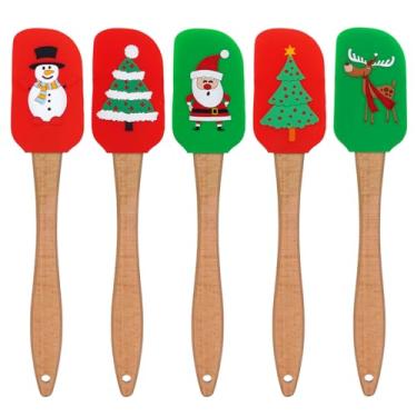 Imagem de 5 espátulas de silicone de Natal com cabo de madeira, bonecos de neve, árvore de Natal, alce, padrão de Papai Noel, decoração de bolo, cozinha, espátulas de cozinha