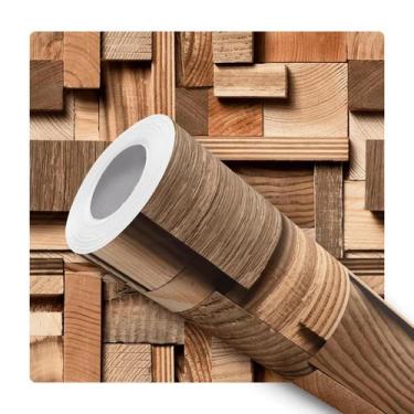 Imagem de Papel de Parede Adesivo Efeito 3D Madeira Taco Cubos Mosaico Moderno Q