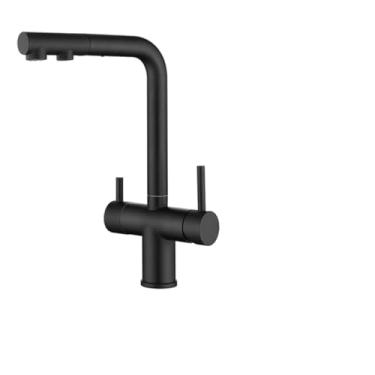 Imagem de KUYBTU Torneiras de pia tipo pull-out torneira de cozinha bico duplo giratório filtro de água potável purificador de latão torneira misturadora de pia torneira quente e fria - preto