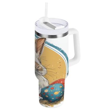 Imagem de ATTX Copo de coelho fofo da Páscoa de 850 g com alça, copo de aço inoxidável a vácuo de parede dupla com palha, caneca de café de viagem isolada #231