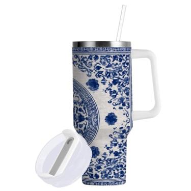 Imagem de ATTX Copo de porcelana azul e branco de 850 g com alça - Caneca de viagem de aço inoxidável isolada a vácuo, xícara de café à prova de vazamento com canudo #816