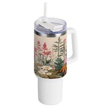 Imagem de xigua Copo vintage de flores silvestres de 1,134 g com alça e canudo, aço inoxidável duplo isolado a vácuo garrafa de água suporte de copo de garrafa de água amigável à prova de vazamento copo de