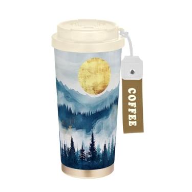 Imagem de SEHANY Caneca de viagem com paisagem de montanha em aquarela de 482 g, copos de café reutilizáveis revestidos de cerâmica com tampa à prova de vazamento, parede dupla, isolamento a vácuo, copo de café