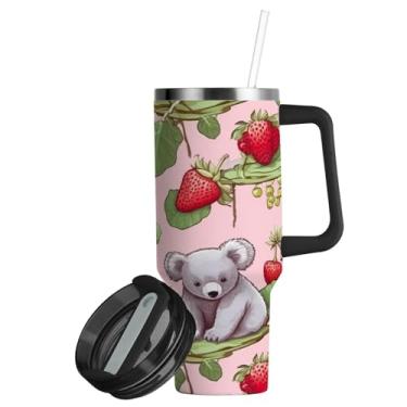 Imagem de ATTX Copo de 850 g Dois Coalas Morangos com Alça, Copo de Aço Inoxidável a Vácuo de Parede Dupla com Canudo, Caneca de Café de Viagem Isolada #840