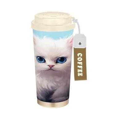 Imagem de SEHANY Caneca de viagem de gato gatinho fofo de 482 g xícaras de café reutilizáveis revestidas de cerâmica com tampa à prova de vazamento, parede dupla, isolamento a vácuo, copo de café de aço