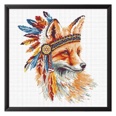 Imagem de FREEBLOSS Kits de ponto cruz de 11 quilates com estampa de raposa indiana completa de kits de bordado para iniciantes, kit de artesanato de pintura de parede com ponto cruz estampado com instruções