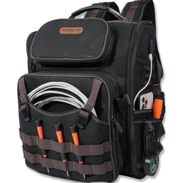Imagem de WELKINLAND Mochila para eletricista de 46 bolsos, mochilas de ferramentas totalmente abertas, mochila de ferramentas resistentes, mochilas de ferramentas de lona encerada à prova d'água, HVAC, bolsa