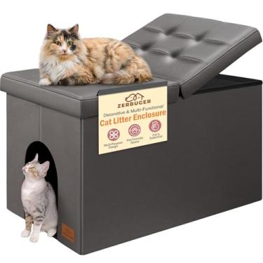 Imagem de Caixa de areia para gatos móveis para controle de odores, armário oculto caixa de areia de gato móveis otomano com tampa flip-up, banco de caixa de areia para gatos com espaço de armazenamento, à