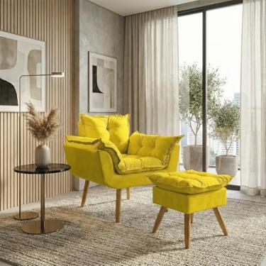 Imagem de Kit Poltrona Decorativa Confortável Para Sala Recepção Manicure com Puff Para Quarto Penteadeira Closet Quadrado Tecido Suede (Amarelo)