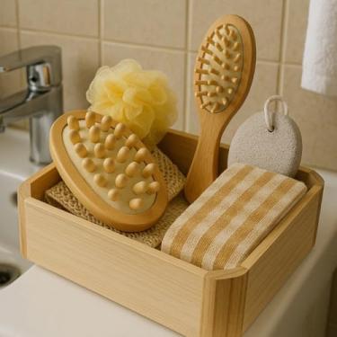 Imagem de Kit Banho Spa Madeira Relaxante Massagem Revigora Esfoliação Uso Diário Essencial no Banho Leve na Viagem e Presente