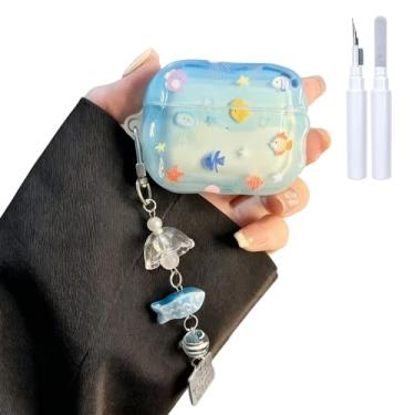 Imagem de COTYPOFLIYTT Capa compatível com AirPods Pro 2/Pro, TPU macio com kit de limpeza, chaveiro criativo, fofo, estrela de peixe, capa à prova de choque para Airpods Pro 2 - Azul