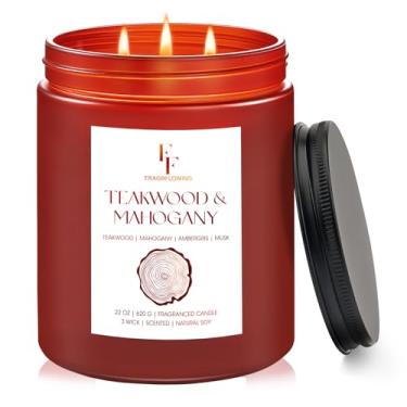 Imagem de Vela perfumada grande de madeira de teca e mogno, vela perfumada de 3 pavios de 623 g de longa duração, vela de aromaterapia de cera de soja natural para casa, presente de outono para mulheres e