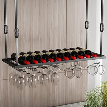 Imagem de Rack de vinho de teto e suporte de copo de vinho, rack de vinho de metal com suporte de vidro, suporte ajustável para garrafa de vinho, suporte de taças de cabeça para baixo, preto fosco (tamanho: 60