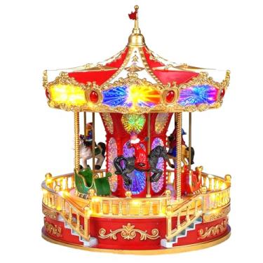 Imagem de Credibility Store Carrossel de Natal com decoração de luzes, caixa de música de carrossel de Natal para exibição da vila natalina, 28 cm, vermelha