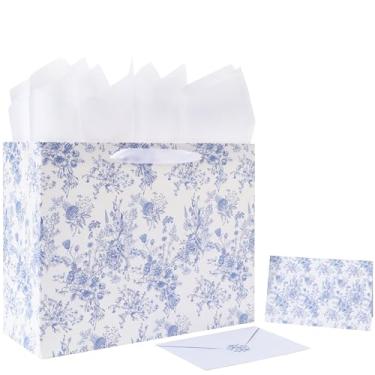 Imagem de Conjunto de sacolas de presente florais azuis grandes de 33 cm com alças, cartão comemorativo, papel de seda branco e adesivos para mulheres, meninas, aniversários, dia das mães, design de flores, 1