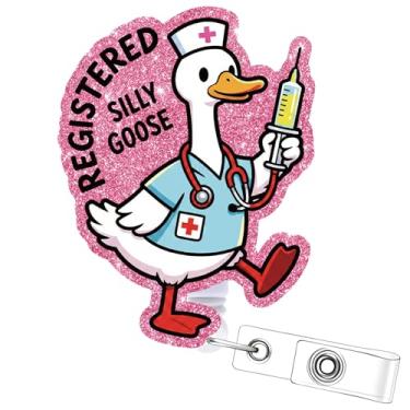 Imagem de Aposwow Carretéis de crachá engraçados de ganso – Porta-crachás retráteis Silly Registered Goose com clipe jacaré com glitter para enfermeiras de enfermagem, CNA RN, médicos, estudantes, presentes de