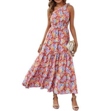 Imagem de Vestido PRETTYGARDEN Feminino Floral Maxi Ombro Único Laranja G
