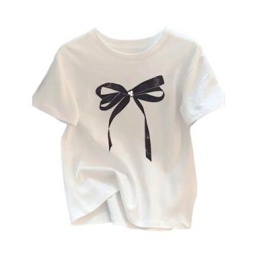Imagem de Camiseta Casual Feminina Preta Com Estampa Gráfica E Laço, Manga Curta