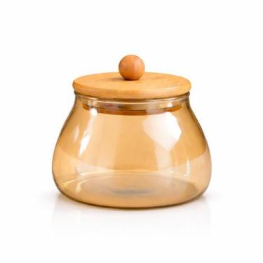 Imagem de Pote Hermético de Vidro Âmbar 450ml Bolinha com Tampa de Bambu e Vedaç