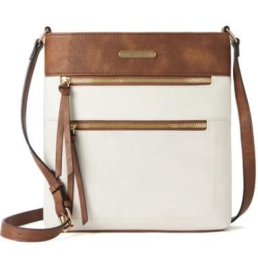 Imagem de BOSTANTEN Bolsas transversais femininas modernas de couro vegano macio com bolso com alça ajustável com zíper, A02-marrom com branco, Medium, Bolsa transversal