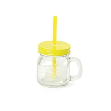 Imagem de Caneca Pequena Amarelo 200ml com Tampa e Canudo Para Refrigerantes Refrescos e Bebidas Quentes