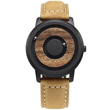 Imagem de Relógio masculino de madeira marrom, quartzo, ímã magnético, acionamento por esfera, mostrador de madeira, pulseira de borracha preta, relógio de pulso masculino, 9, Relógios de quartzo