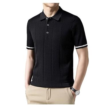 Imagem de Camisa polo masculina de seda gelo lapela manga curta botão malha camiseta absorção de umidade, Preto, M