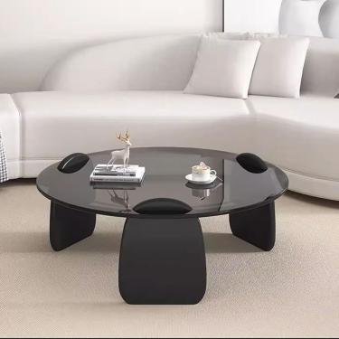 Imagem de Mesa de centro redonda de vidro para sala de estar, mesa final moderna de meados do século, mesa de centro com moldura de madeira natural e tampo de vidro temperado, mesa final minimalista p