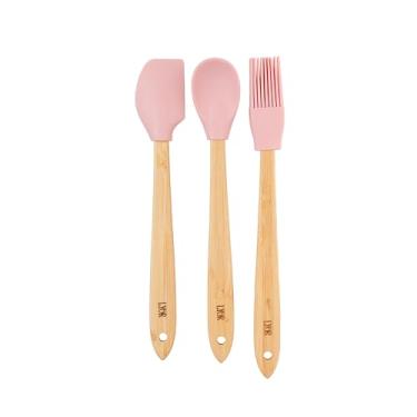 Imagem de LYOR - Conjunto 3 Utensílios de Silicone com Cabo de Bambu Rosa - Colher, Pincel e Espátula