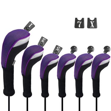 Imagem de Conjunto de capas de cabeça de clube de golfe Andux Long Neck, 6 peças (preto/roxo)