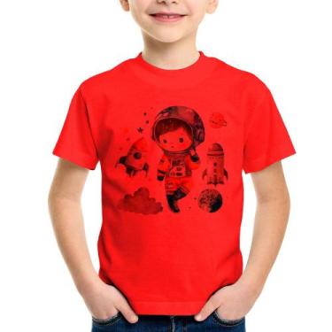 Imagem de Camiseta Infantil Astronauta Criança e Foguetes - Foca na Moda, Vermel