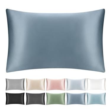 Imagem de SILKTALE Fronha 100% seda amoreira com zíper oculto, ambos os lados capa de almofada respirável de seda pura para cabelo e pele, 19 Momme grau 6A, 1 peça, cinza azul, tamanho Queen 50 x 76 centímetros