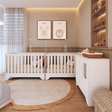 Imagem de Quarto de Bebê com 2 Berço Mini Cama Cômoda 1 Portas 3 Gavetas com Jan