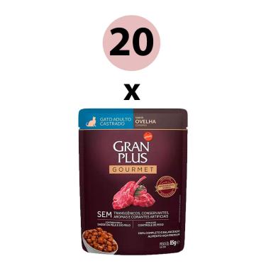 Imagem de Kit 20 Ração Úmida Gran Plus Gourmet Gatos Castrados Ovelha Sachê 85g