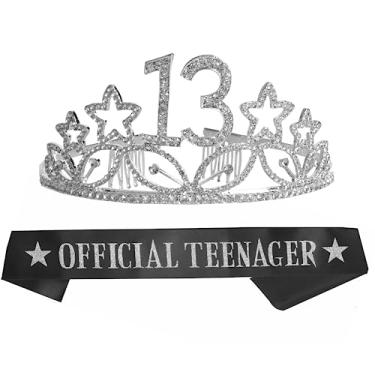 Imagem de Decorações de aniversário de 13 anos para meninas, tiara de 13 anos e faixa, artigos de festa de aniversário de 13 anos felizes, faixa de cetim oficial para adolescentes e coroa de tiara de cristal, aniversário de 13 anos, decoração de festa de aniversário de 13 anos